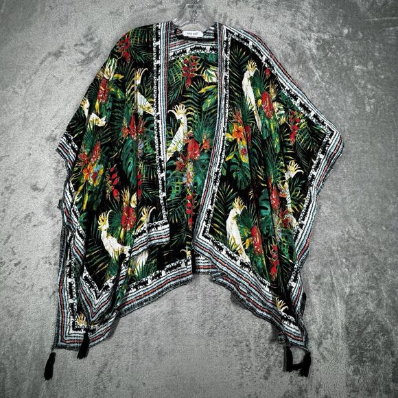 Nine West Kimono Women One Size White Black Green Botanical Cockatoo Boho Nature - Picture 2 of 7